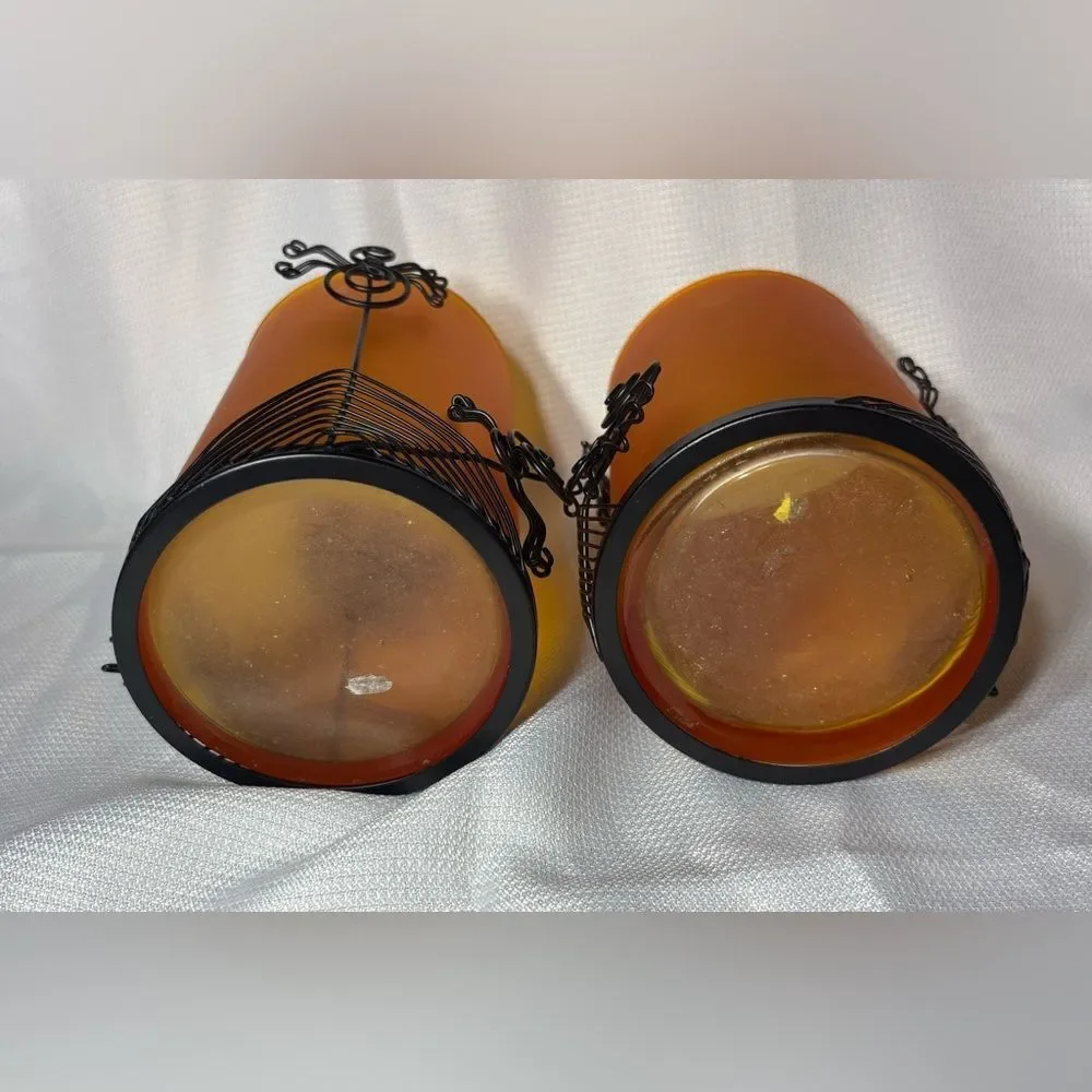 2 Orange Halloween Spiders Glass Candleholders Table Decor EPC